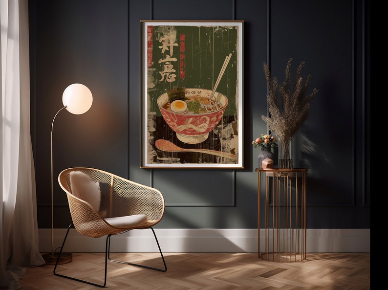 May include: A vintage-style poster featuring a bowl of ramen with a green background and Japanese text. The poster has a distressed, aged look.