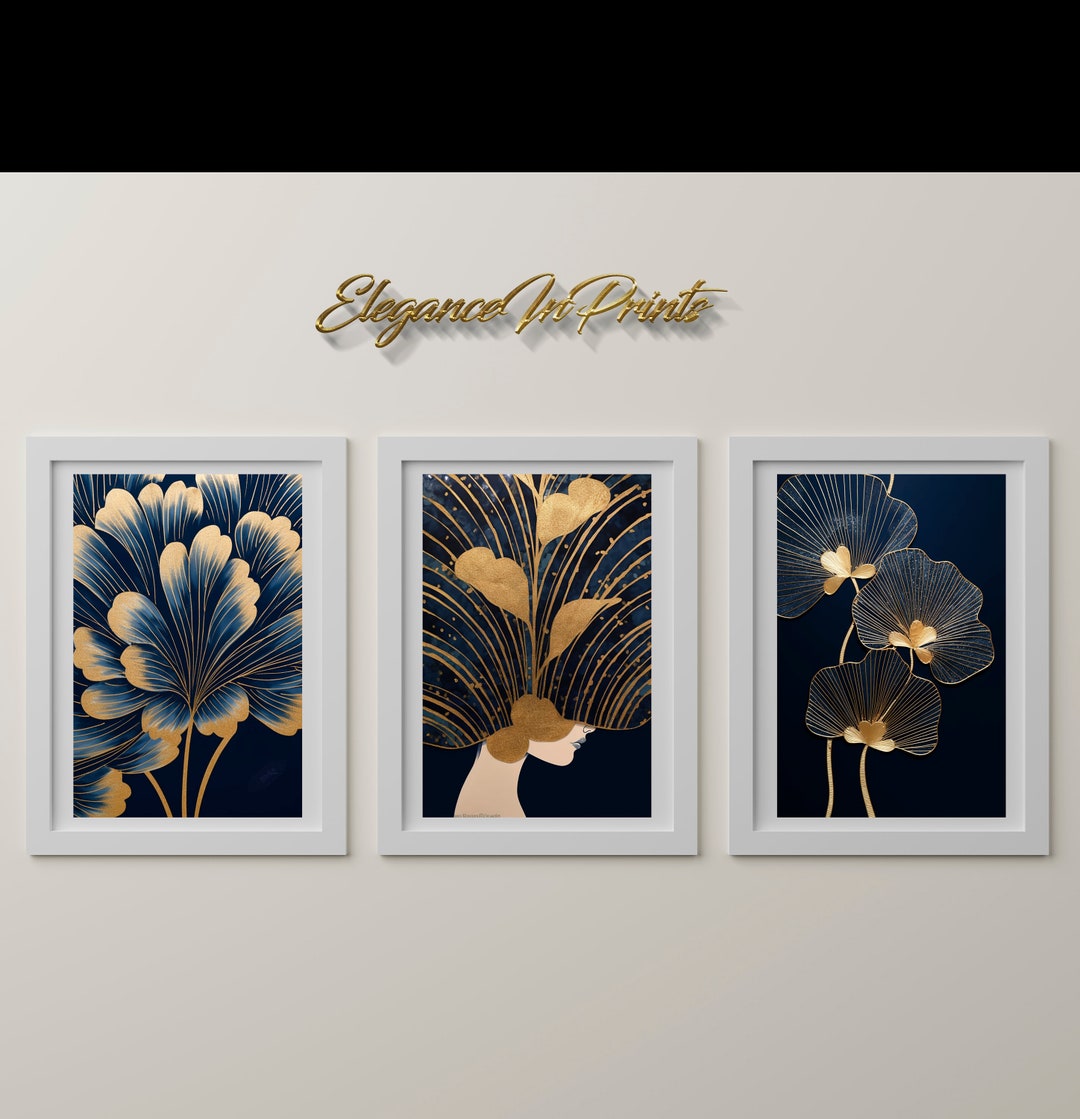 Blue and Gold Wall Art, Blue and Gold Wall Decor, Blue Flower Wall Art, Yellow and Blue Wall Art