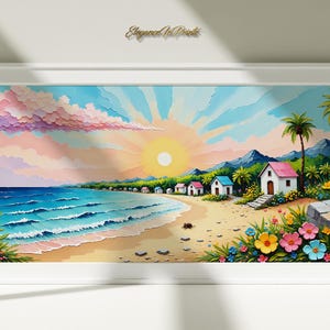 Può includere: Dipinto ad acquerello incorniciato di una scena di spiaggia tropicale. L'opera raffigura un tramonto vibrante sull'oceano, con nuvole colorate, palme e piccole case lungo la riva. Fiori incorniciano il primo piano.
