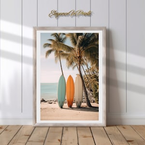 Surfbrett-Wand-Kunst, Hawaii druckbare Poster, Surfbrett-Kunst, Surfbrett-Wand-Dekor, Vintage Strand Wandkunst, Palme Digitaldruck