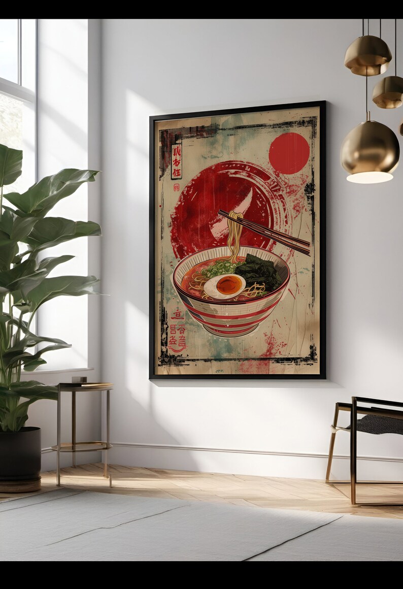 May include: A vintage-style poster featuring a bowl of ramen noodles with a red sun and Japanese text in the background.