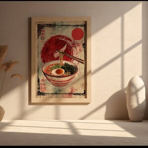 May include: A vintage-style poster featuring a bowl of ramen noodles with a red circle and Japanese characters in the background.