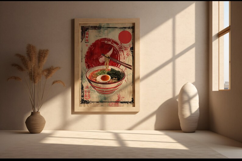 May include: A vintage-style poster featuring a bowl of ramen noodles with a red circle and Japanese characters in the background.