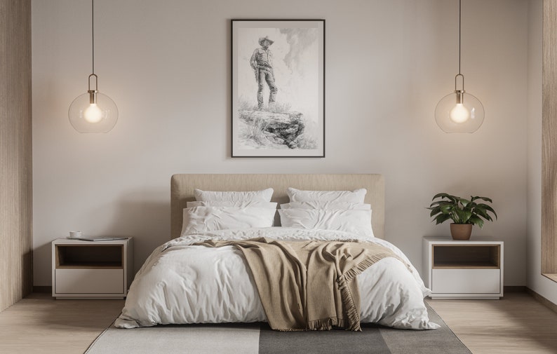 May include: A bedroom interior with a white bed, a tan blanket, two white nightstands, and two hanging glass globe lights. A black framed print of a man standing on a rock is hanging on the wall above the bed.