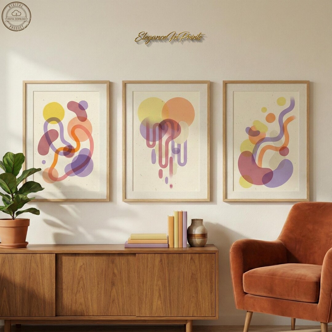 Mid Century Modern Abstract Art Print Set | 3 Pcs Retro Risograph Style ...