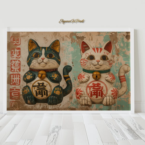 Maneki Neko kunst, Maneki Neko schilderij, cadeau voor kattenliefhebber, Japanse muurkunst, Japanse schilderkunst aan de muur, gelukscadeau, Cat Art Print