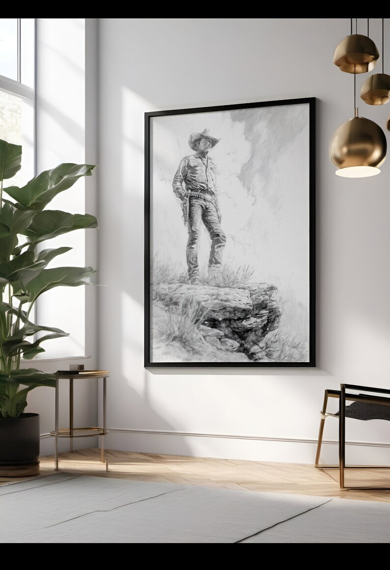 May include: Black and white drawing of a cowboy standing on a rock formation, framed in a black frame.