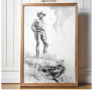 May include: A black and white pencil drawing of a cowboy standing on a rock formation. The cowboy is wearing a hat, a long-sleeved shirt, jeans, and boots. He is holding a gun in his right hand. The background is a cloudy sky.