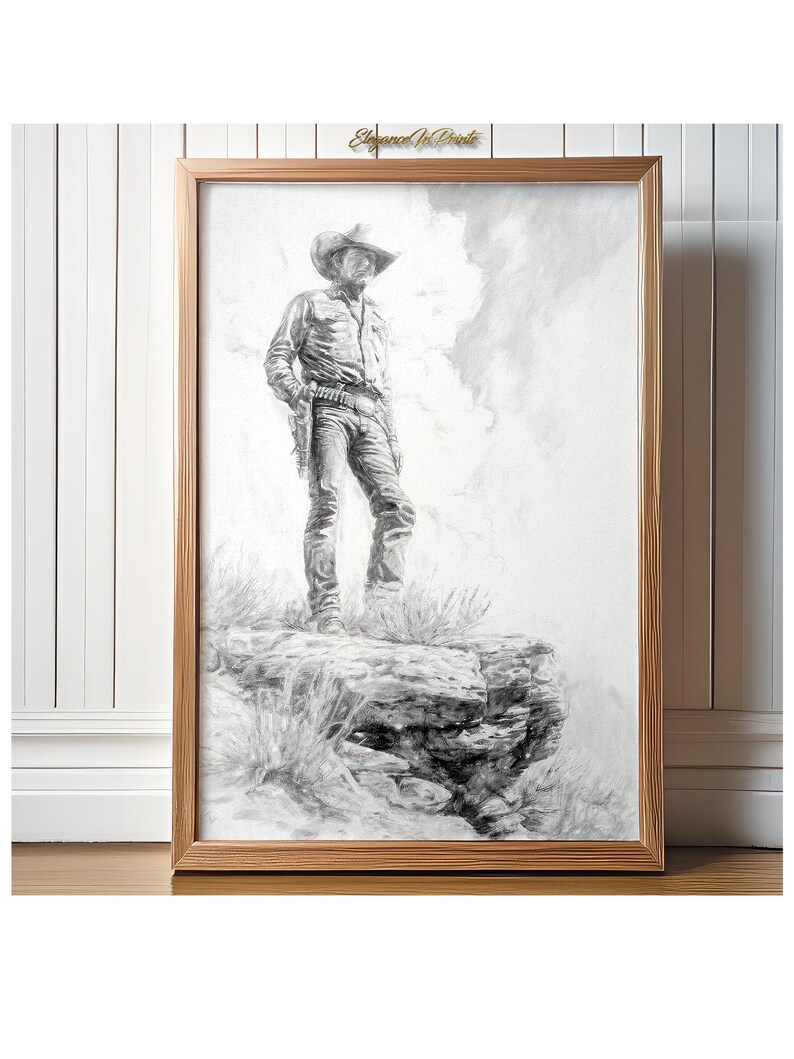 May include: A black and white pencil drawing of a cowboy standing on a rock formation. The cowboy is wearing a hat, a long-sleeved shirt, jeans, and boots. He is holding a gun in his right hand. The background is a cloudy sky.