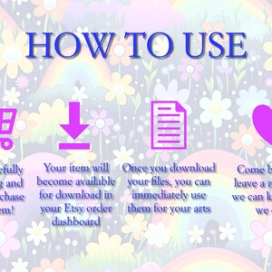 Pode incluir: Um gr&aacute;fico colorido com um carrinho de compras, uma seta de download, um &iacute;cone de documento e um cora&ccedil;&atilde;o. O texto "HOW TO USE" est&aacute; no topo do gr&aacute;fico. O texto abaixo de cada &iacute;cone explica como usar o produto digital.
