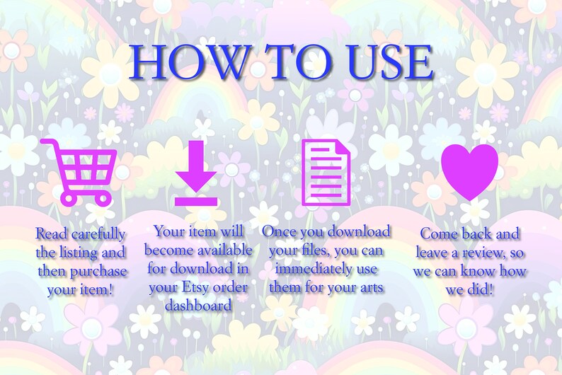Pode incluir: Um gr&aacute;fico colorido com um carrinho de compras, uma seta de download, um &iacute;cone de documento e um cora&ccedil;&atilde;o. O texto "HOW TO USE" est&aacute; no topo do gr&aacute;fico. O texto abaixo de cada &iacute;cone explica como usar o produto digital.