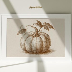 Può includere: Una stampa incorniciata in seppia con un'illustrazione dettagliata di una zucca con foglie e uno stelo. L'opera d'arte è in una cornice bianca, su uno sfondo neutro. La stampa è firmata "Elegant Art Prints".