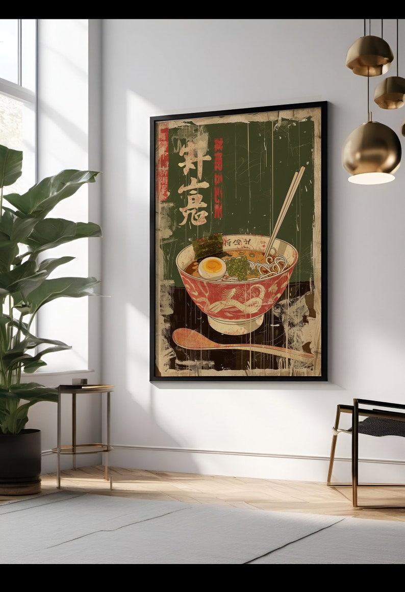 May include: Vintage-style poster featuring a bowl of ramen with chopsticks, a spoon, and Japanese text. The poster has a distressed, aged look with a green background.