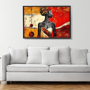 May include: Abstract painting of a woman with a red, yellow, and gold background. The woman is wearing a white dress and a head wrap. The painting is framed in black.