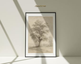 Vintage Tree Drawing Sketch Art Print, Grand Oak Tree, Pencil Drawing, Neutral Rustic Nature Wall Art, Digital Download Printable