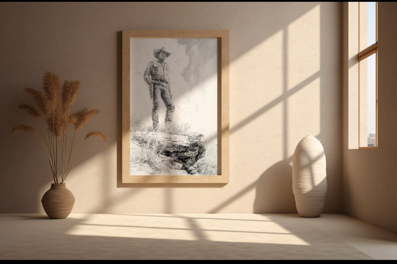 May include: A framed black and white drawing of a cowboy standing on a rock formation, looking out at a distant landscape. The drawing is in a wooden frame and is hanging on a beige wall.