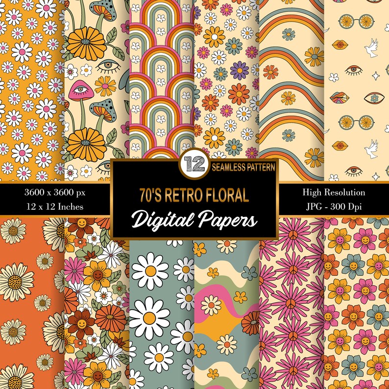 Pode incluir: Doze pap&eacute;is digitais com designs florais retr&ocirc; dos anos 70. Os pap&eacute;is s&atilde;o sem emendas e de alta resolu&ccedil;&atilde;o, 3600 x 3600 pixels, 12 x 12 polegadas, 300 dpi. Os designs incluem margaridas, arco-&iacute;ris, cogumelos, sinais de paz e rostos sorridentes.