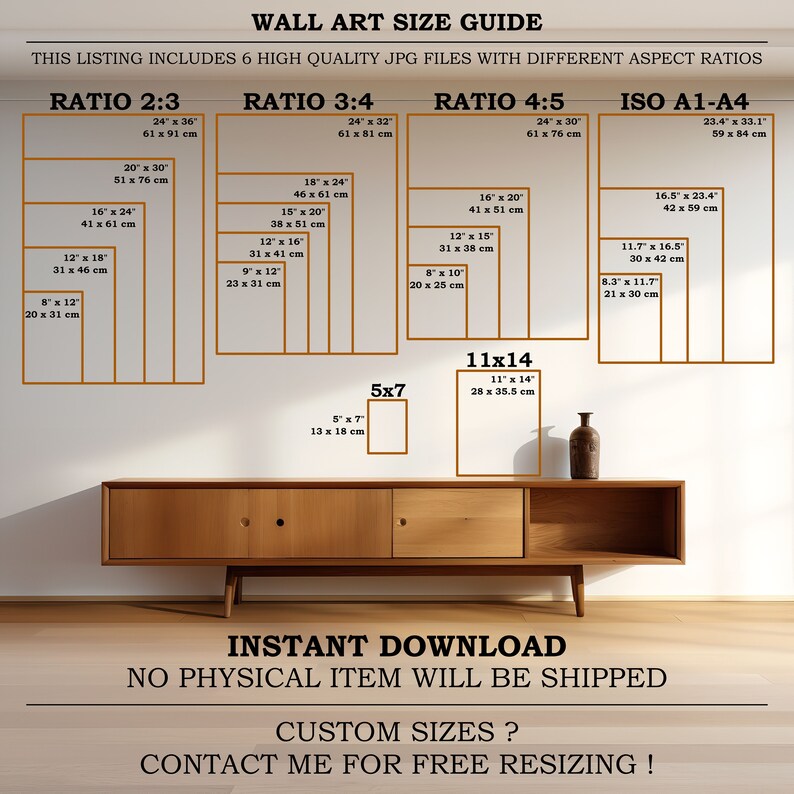 May include: A guide to different wall art sizes and aspect ratios, including 2:3, 3:4, 4:5, and ISO A1-A4. The guide shows the dimensions in inches and centimeters for each size. The text "Instant Download" and "No Physical Item Will Be Shipped" is displayed below the guide. The text "Custom Sizes? Contact Me For Free Resizing!" is displayed at the bottom of the image.