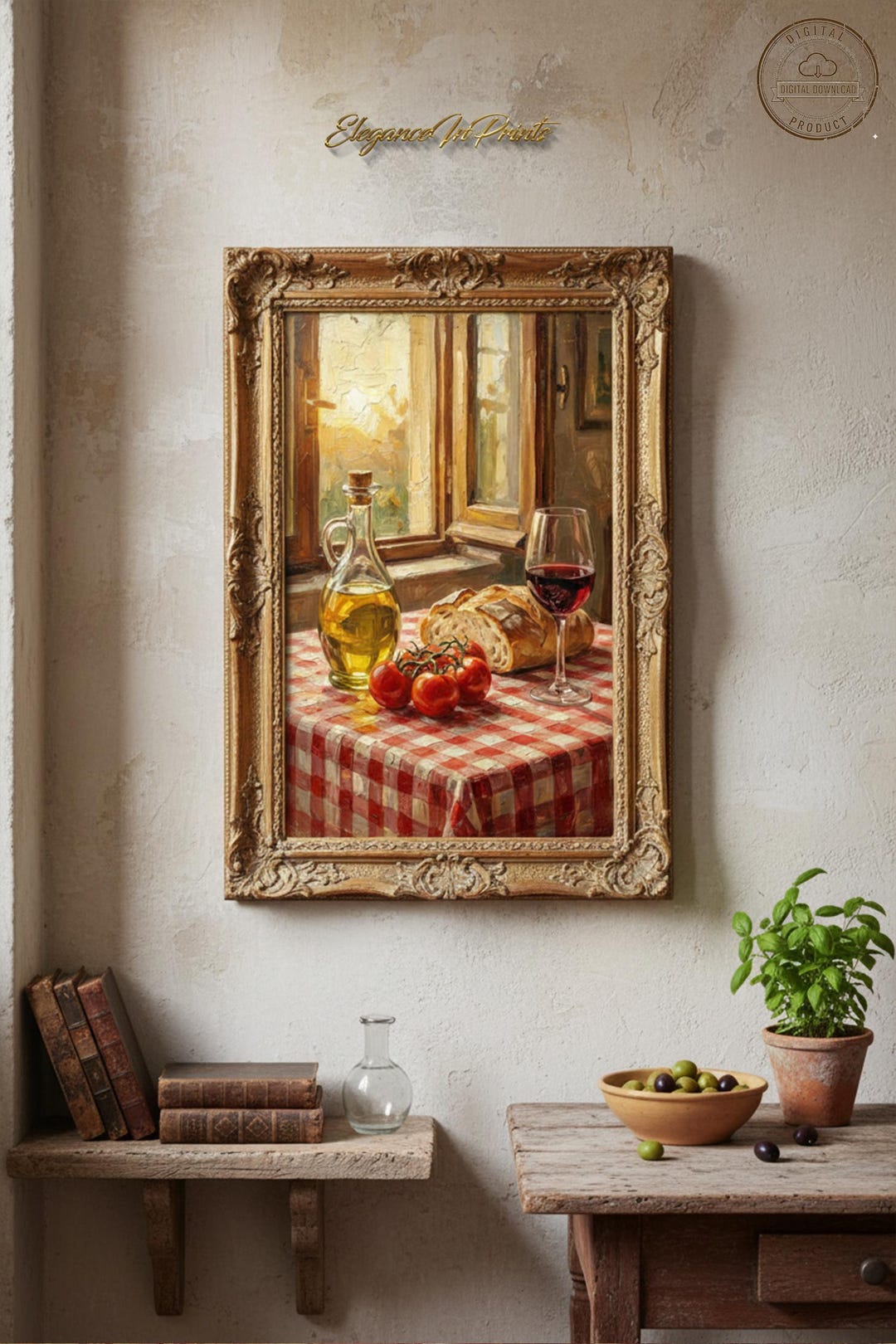 Vintage Italian Kitchen Wall Art Print, Still Life Oil Painting, Wine ...