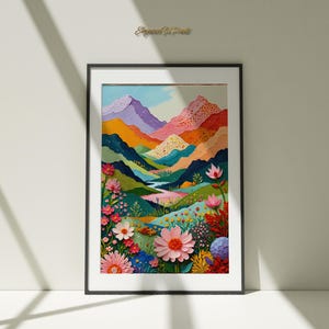 Può includere: Un dipinto ad acquerello incorniciato di un colorato paesaggio montano con un fiume e fiori selvatici. L'opera presenta tonalità vibranti di rosa, arancione, verde e blu. La cornice è nera.