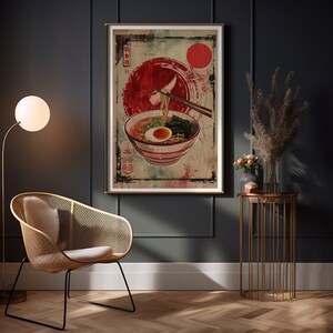 May include: A vintage-style poster featuring a bowl of ramen noodles with a red sun and Japanese characters in the background.