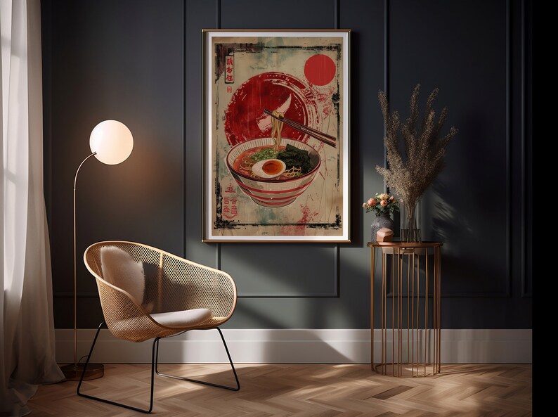 May include: A vintage-style poster featuring a bowl of ramen noodles with a red sun and Japanese characters in the background.