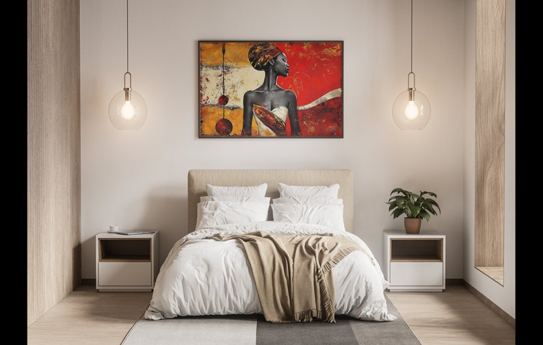 May include: A bedroom interior with a white bed, a brown throw blanket, and two white nightstands. A painting of a woman with a red background hangs on the wall above the bed. Two clear glass globe pendant lights hang from the ceiling.