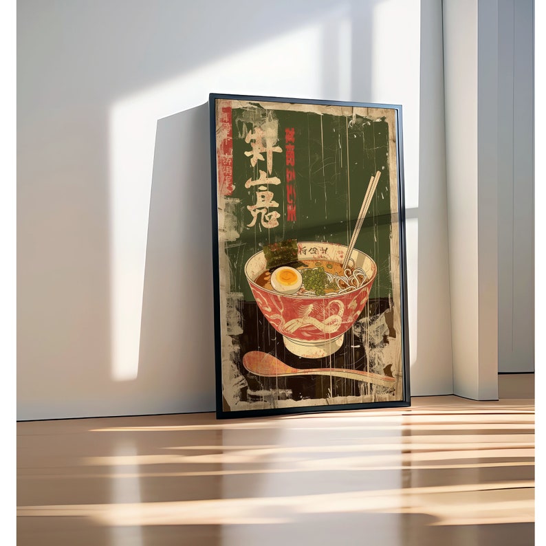 May include: Vintage style poster featuring a bowl of ramen noodles with a green background and Japanese text that reads "Ramen".