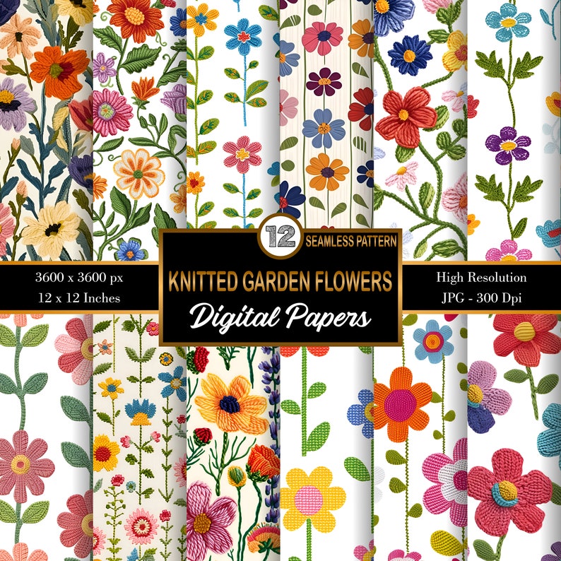 Pu&ograve; includere: Dodici carte digitali con motivi senza cuciture di fiori da giardino a maglia in vari colori, tra cui rosso, giallo, blu, verde e rosa. I motivi sono 3600 x 3600 pixel, 12 x 12 pollici e 300 dpi.