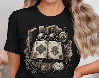 T-shirt vintage art steampunk, t-shirt graphique livres anciens et lunettes, conception de montres rétro, cadeaux uniques pour les amateurs de lecture