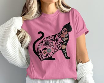 Comfort Colors Cat T-Shirt, Floral Cat Tee for Cat Lover, Gift for Her, Etsy Optimized