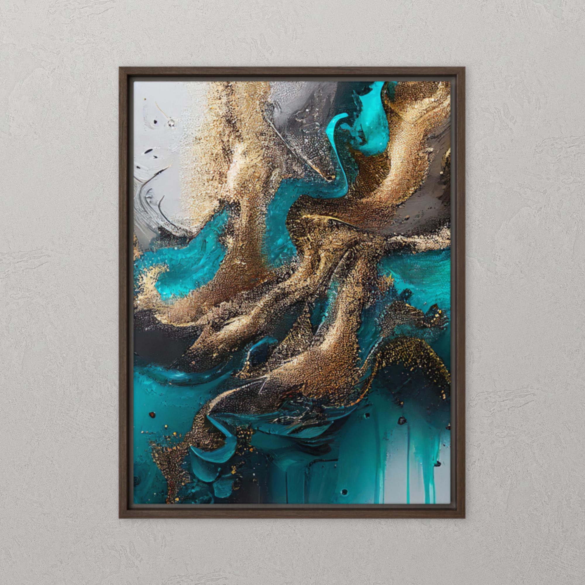 Abstract Teal & Gold Framed Artwork Floating Framed Large Etsy