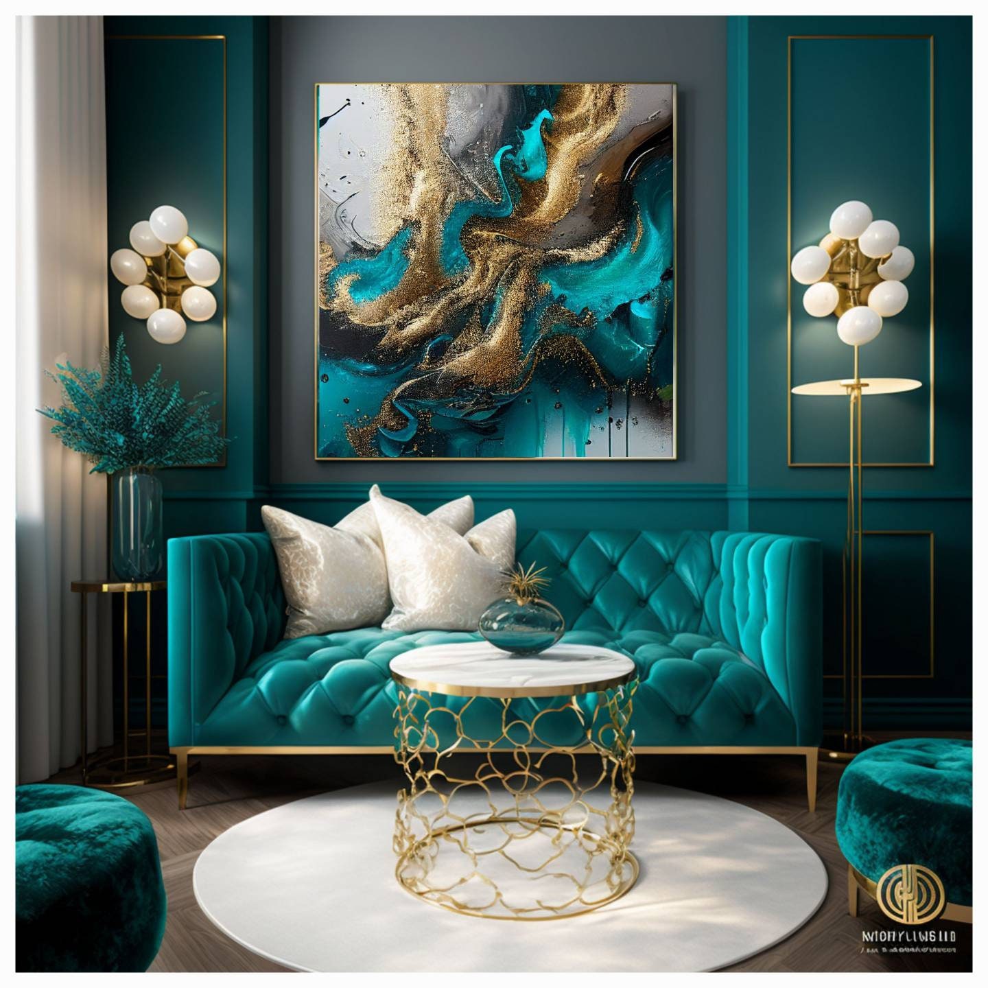 Abstract Teal & Gold Framed Artwork Floating Framed Large Etsy