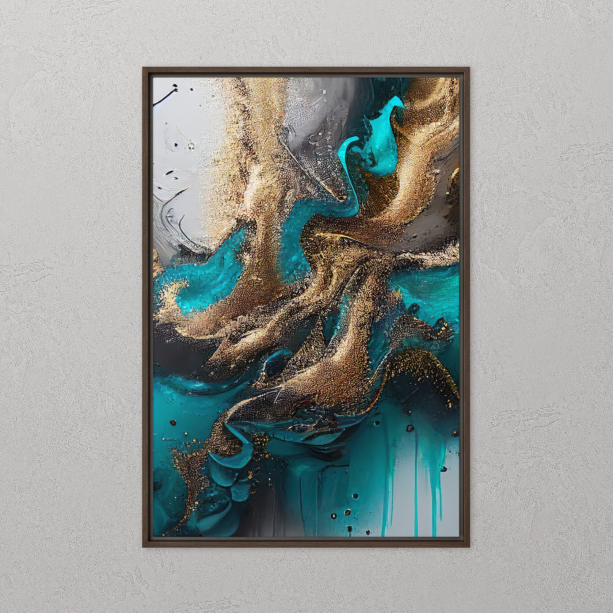 Abstract Teal & Gold Framed Artwork Floating Framed Large Etsy
