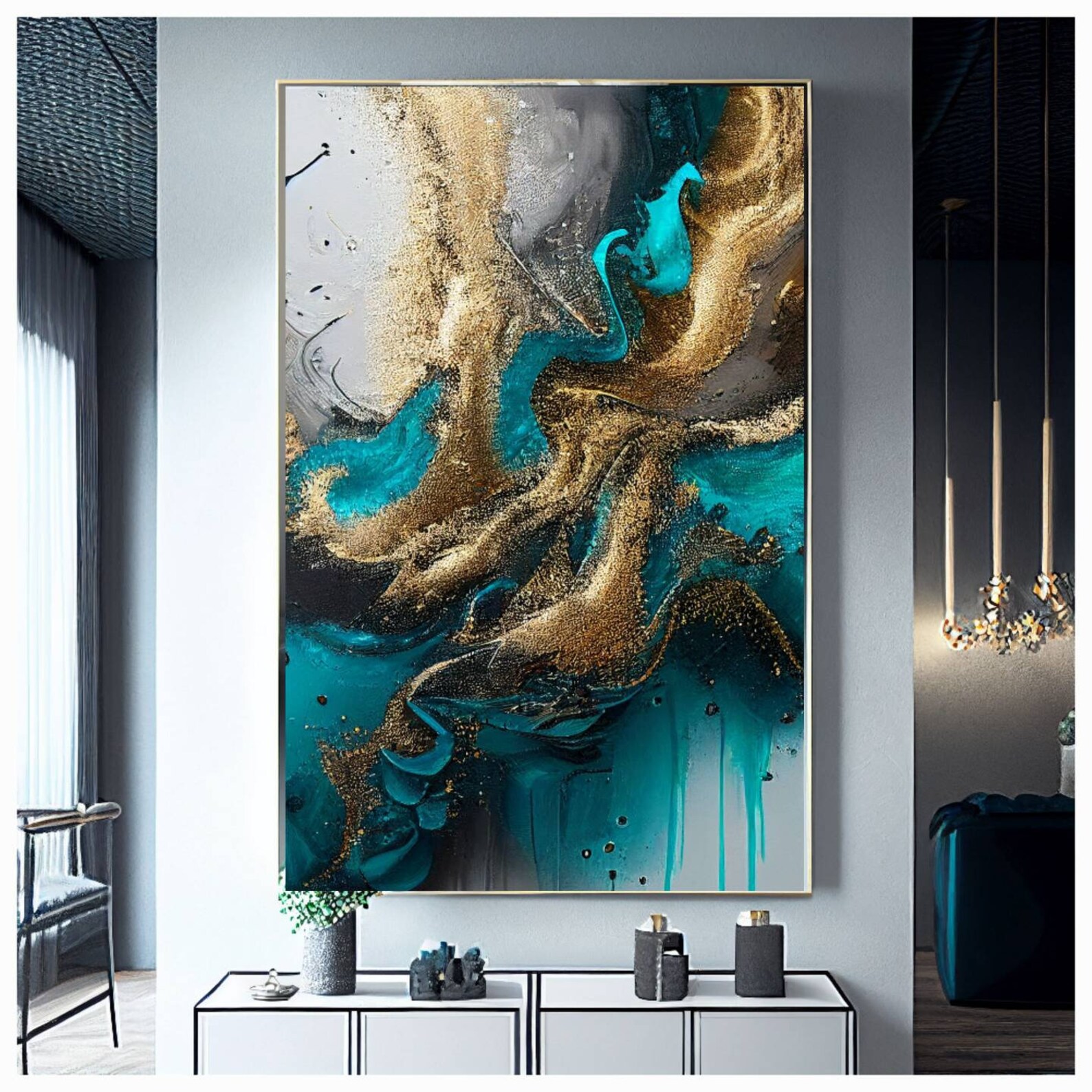 Abstract Teal & Gold Framed Artwork Floating Framed Large Etsy