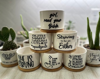 Ceramic Succulent Pots, Encouragement Gifts, Housewarming Gifts, Cactus Pots, Small Ceramic Planter with Bamboo Tray, Faith Succulent Pots