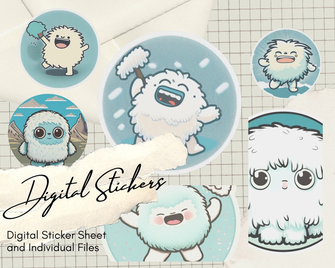 6 Digital Yeti / Abominable Snowman Stickers, Cute Sticker Instant
