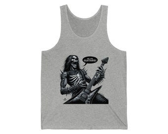 May include: A grey vest top with a black and white illustration of a skeleton playing an electric guitar. The skeleton has long hair and is wearing spiked accessories. A speech bubble says "WE LIKE GUITARS!"