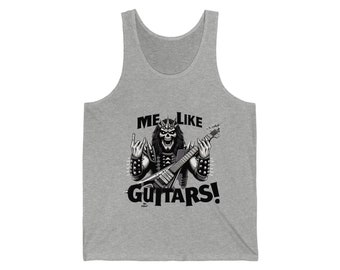 May include: A grey vest top with a black and white graphic of a skeleton figure with long hair, a crown, and studded wristbands, playing a guitar. The text "ME LIKE GUITARS!" is printed below the figure.