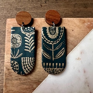 Folk floral clay earrings | folk art dangles | wood + stainless steel
