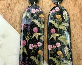 Dark moody earrings | dark floral |  polymer clay + black stainless steel