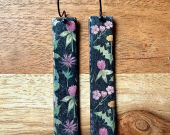 Long moody earrings | dark floral |  polymer clay + black stainless steel