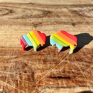 May include: Two rainbow-colored ceramic bison figurines on a wooden surface. The bison are facing opposite directions and have a layered rainbow design.