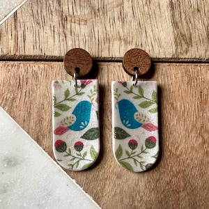 Folk floral bird earrings | boho blue bird | wood + stainless steel