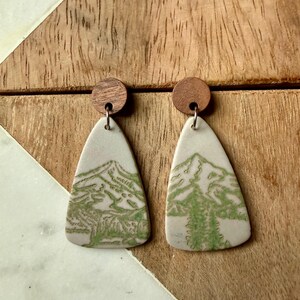 Ink stamped mountain earrings | polymer clay + wood