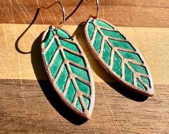 Green + rose gold  leaf earrings | boho botanical | polymer clay