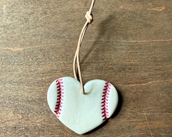 Handmade baseball heart ornament | polymer clay + leather