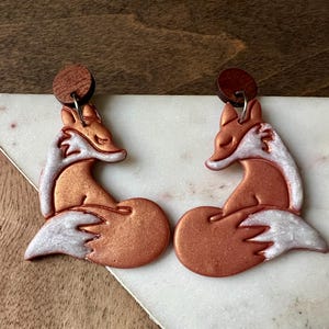 Red fox earrings | fox lover gift | polymer clay and wood | woodland animal