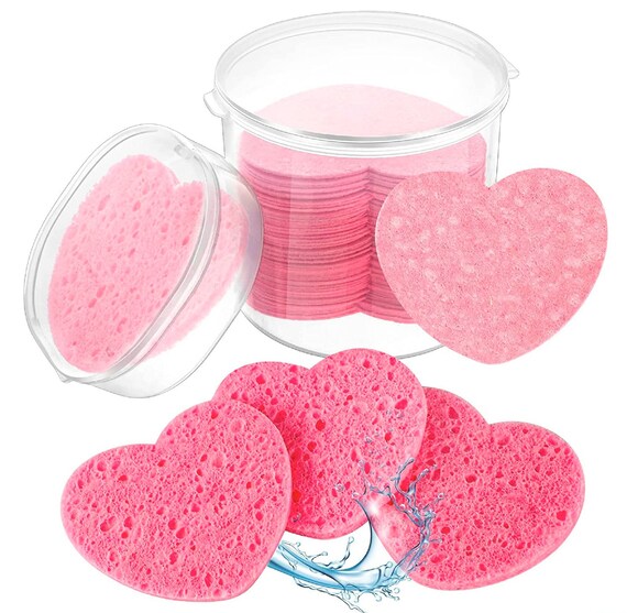 60-Count Compressed Facial Sponges, 100% Natural Cosmetic Spa Sponges for  Facial Cleansing, Exfoliating Mask (Pink Heart)