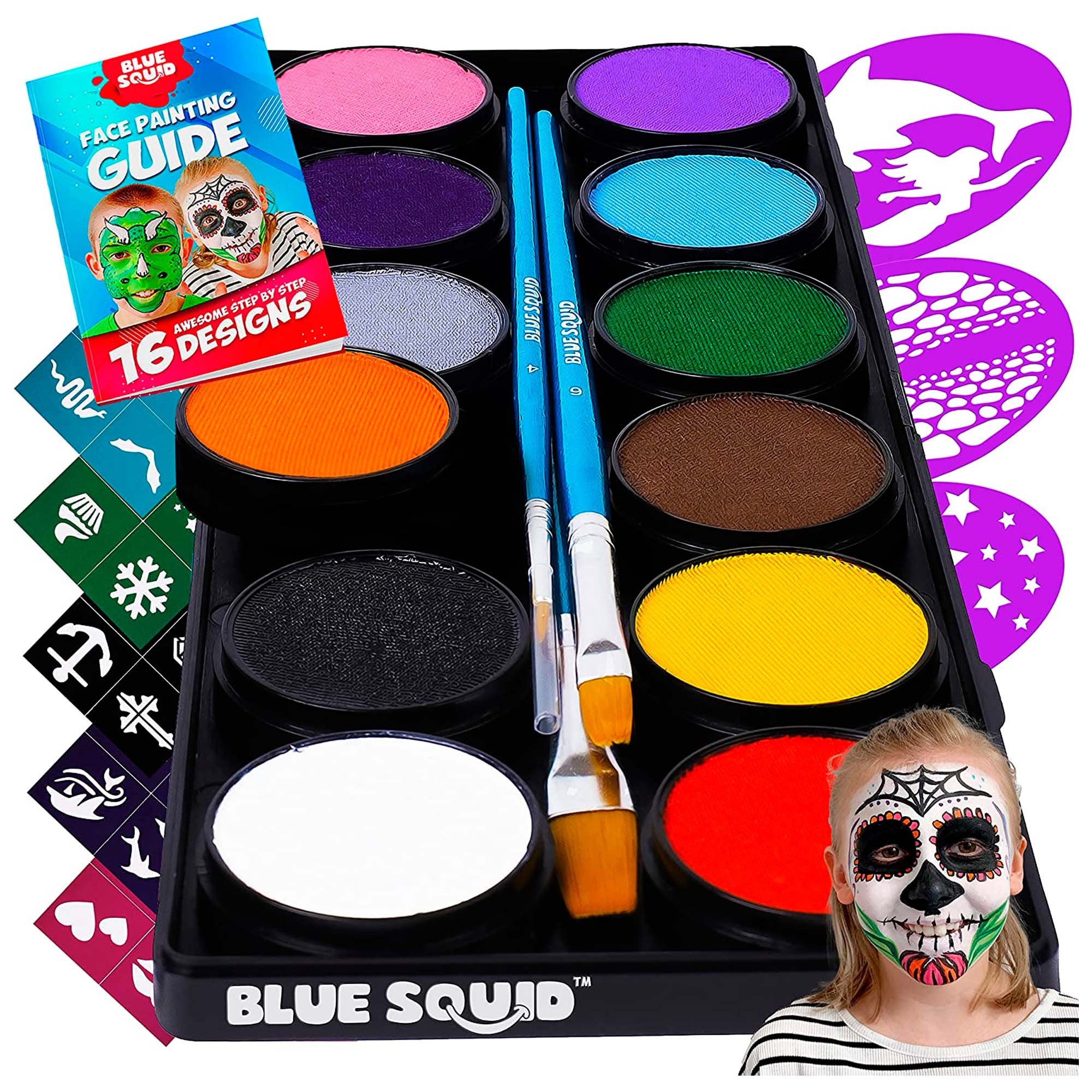 Face Paint Kit for Kids 12 Color Palette, 303 Stencils, Washable